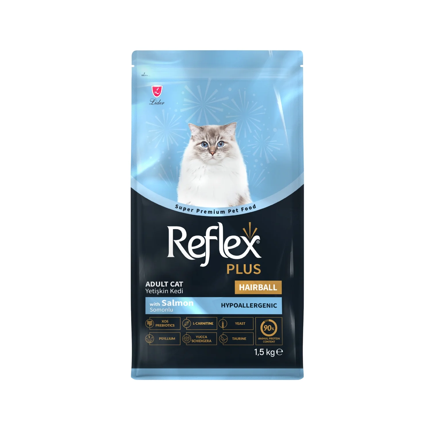 Reflex Plus Adult Cat Food Hairball & Indoor with Salmon – 1.5 Kg